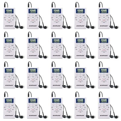 EXMAX E108 Wireless Portable Pocket DSP FM Stereo Radio Digital Receiver with Mini LCD Clock Earphone for Tour Guide System Teaching Meeting - 20 Pack (White)