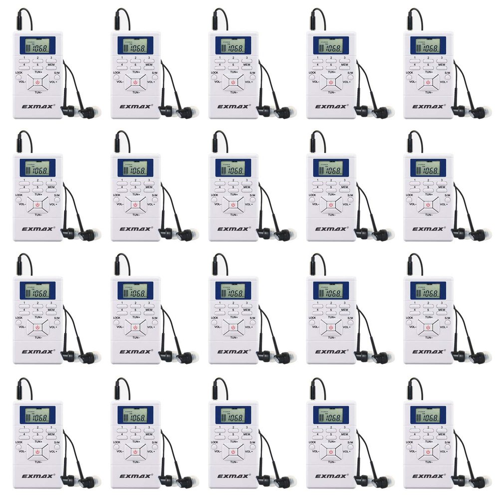 EXMAX E108 Wireless Portable Pocket DSP FM Stereo Radio Digital Receiver with Mini LCD Clock Earphone for Tour Guide System Teaching Meeting - 20 Pack (White)