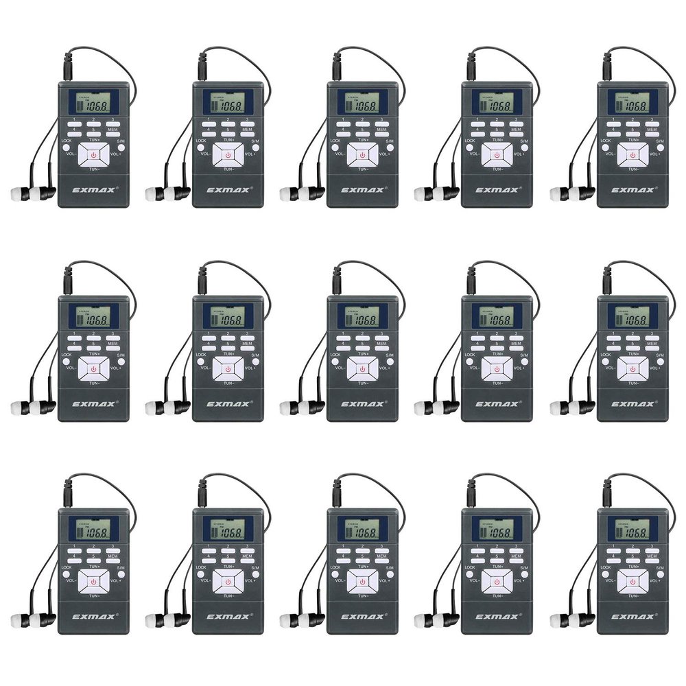 EXMAX EXG-108 Wireless Portable Pocket DSP FM Stereo Radio Digital Receiver with Mini LCD Clock Earphone for Tour Guide System Teaching Meeting - 15 Pack (Gray)