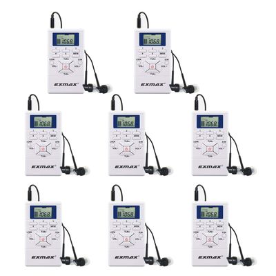 EXMAX E108 Wireless Portable Pocket DSP FM Stereo Radio Digital Receiver with Mini LCD Clock Earphone for Tour Guide System Teaching Meeting - 8 Pack (White)