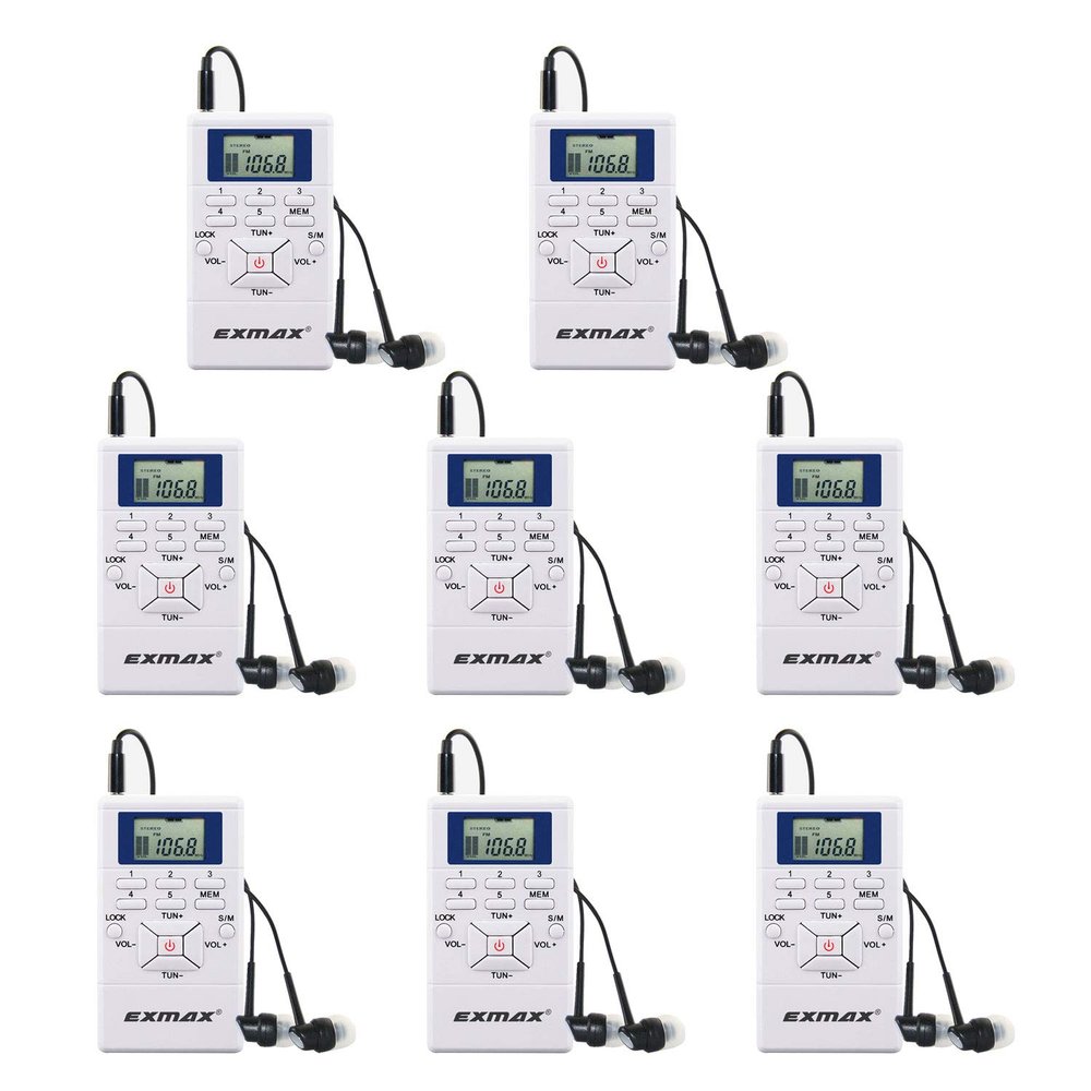 EXMAX E108 Wireless Portable Pocket DSP FM Stereo Radio Digital Receiver with Mini LCD Clock Earphone for Tour Guide System Teaching Meeting - 8 Pack (White)