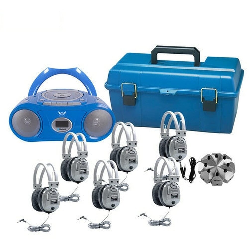 Hamilton Buhl 6 Person Listening Center with Bluetooth CD/Cassette/FM Boombox and Deluxe Over-Ear Headphones