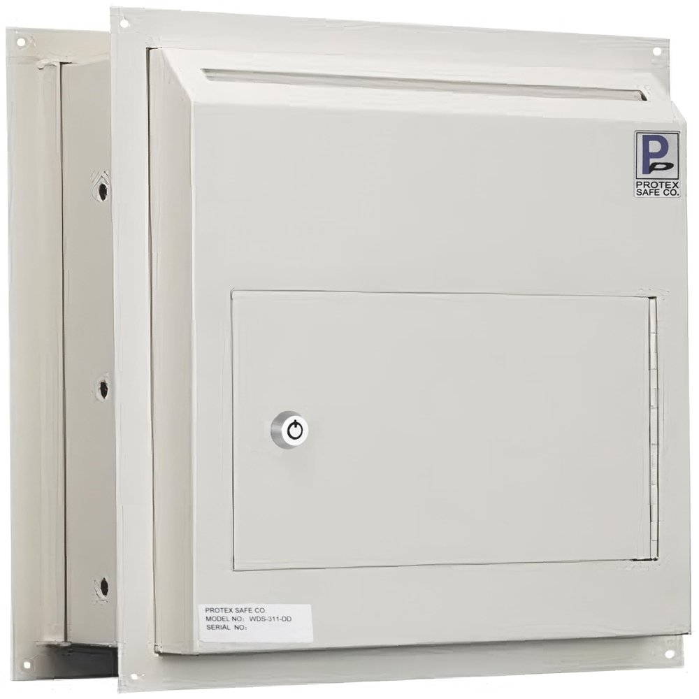 Protex WDS-311-DD Through-The-Wall Drop Box, for cash, checks and envelopes,Piano hinge,Pre-drilled anchoring holes,Metal baffle,Adjustable metal frames, double steel door off-white