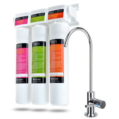 Brondell Coral UC300 Under Sink Water Filtration System  Reduces PFAS, Lead, & Chlorine in Drinking Water, Water Purifier with Designer Chrome Faucet  Quick Change Filter, WQA Gold Seal-Certified