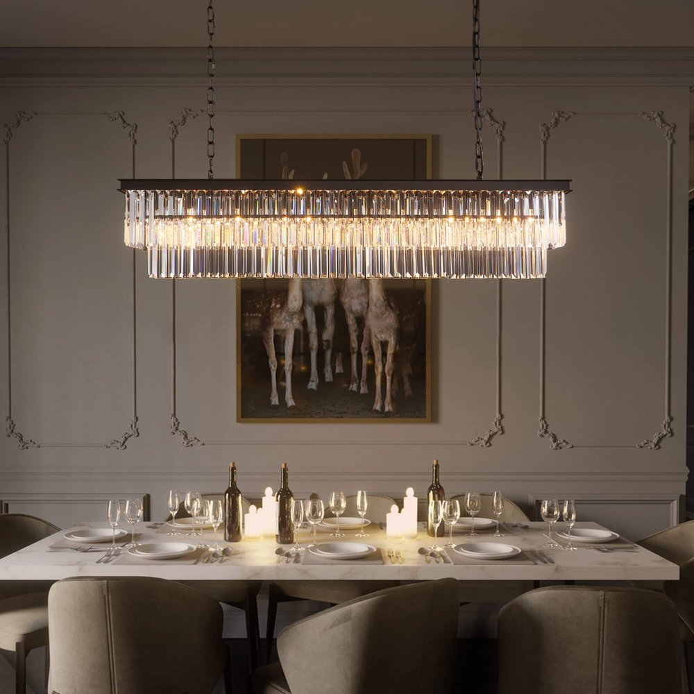 7PM Rectangle Crystal Chandelier Lighting, Crystal Chandeliers for Dining Rooms Rectangular Chandeliers Black Chandelier Crystals Light Fixtures Modern Pendant Ceiling Light for Kitchen Island 47''