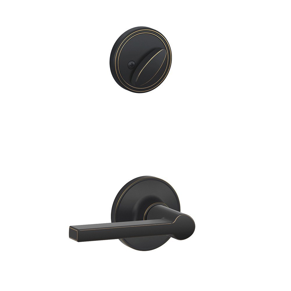 J-Series by Schlage Standard Interior Front Entry Handleset with Solstice Door Lever, Interior Side Non-Keyed Thumbturn, Aged Bronze, JH59 SOL 716