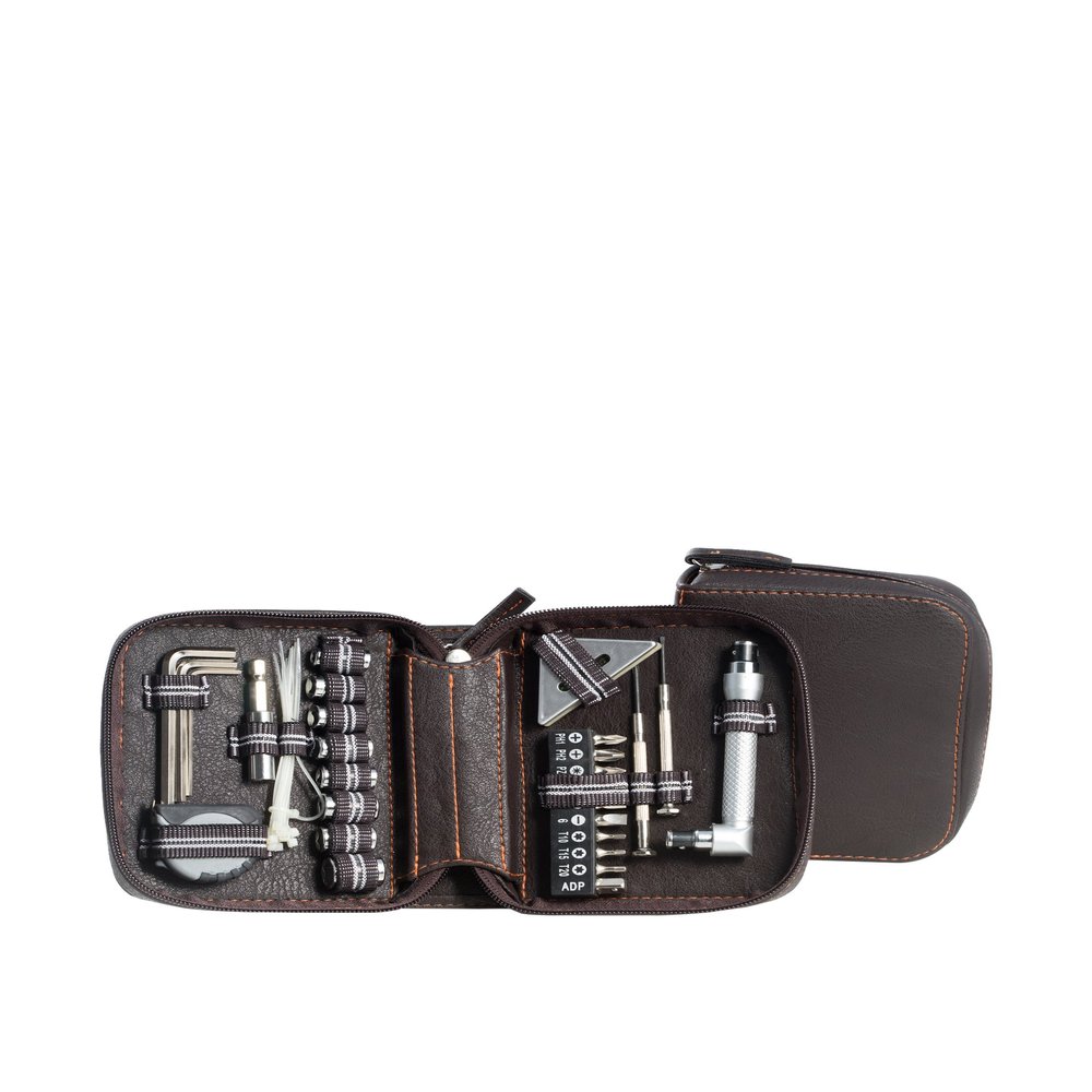 Bey-Berk 28-Piece Tool Set in Leatherette Zipper Case (Brown), Compact Home, Car, Office & Dorm Repair Kit with Hex Keys & Screwdriver Bits, Ideal Gift for New Homeowners and College Students
