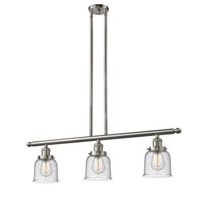 Innovations Lighting 213-SN-G54 Small Bell - Three Light Adjustable Stem Island, Satin Brushed Nickel Finish with Seedy Glass
