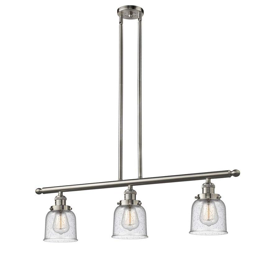 Innovations Lighting 213-SN-G54 Small Bell - Three Light Adjustable Stem Island, Satin Brushed Nickel Finish with Seedy Glass