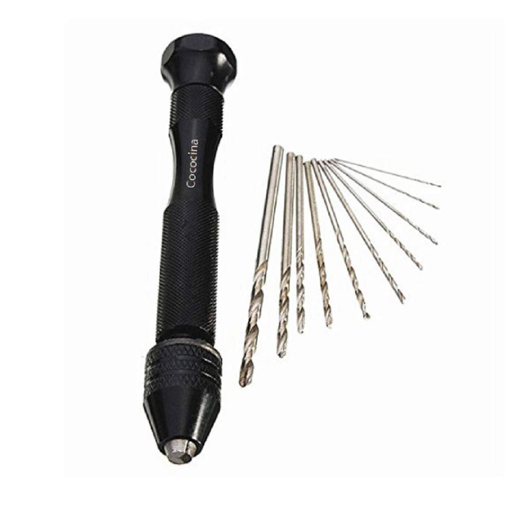 CoCocina Mini Aluminum Hand Drill with Keyless Chuck and 10 Twist Drills Rotary Tool