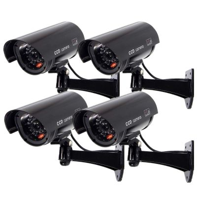 F FINDERS&CO Outdoor Fake Security Camera, Dummy CCTV Surveillance System with Realistic Red Flashing Lights and Warning Sticker (4, Black)