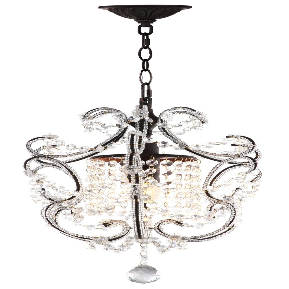 SAFAVIEH Lighting Collection Luna Shabby Chic Farmhouse Brown Iron/ Crystal 12-inch Diameter 1-light Adjustable Hanging Chandelier Light Fixture (LED Bulbs Included)