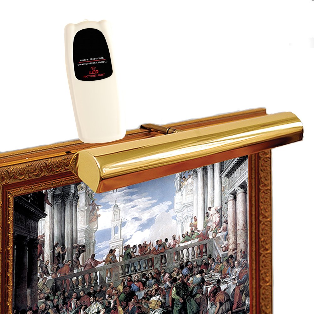 Cordless Remote Control LED Picture Shiny Polished Brass Finish, Compact 11  Wide with Dimmer Control & 5 Hours Automatic shutoff Switch