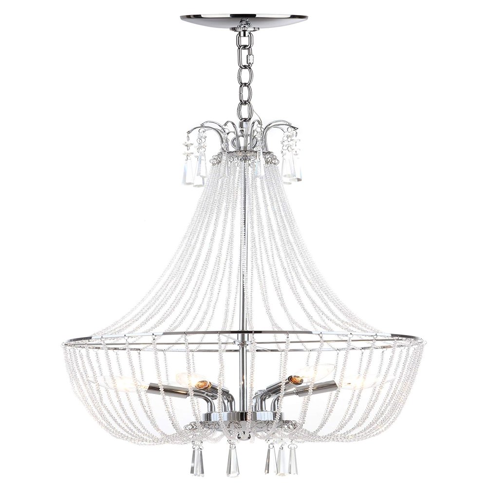 SAFAVIEH Lighting Collection Berlin Farmhouse Modern Glam Chrome/ Beaded Crystal 18-inch Diameter 6-light Adjustable Hanging Chandelier Light Fixture (LED Bulbs Included)