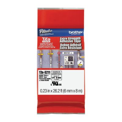 Brother Genuine P-touch TZE-S211 Tape, 1/4" (0.23") Wide Extra-Strength Adhesive Laminated Tape, Black on White, Laminated for Indoor or Outdoor Use, Water-Resistant,0.23" x 26.2' (6mm x 8M), TZE-S211