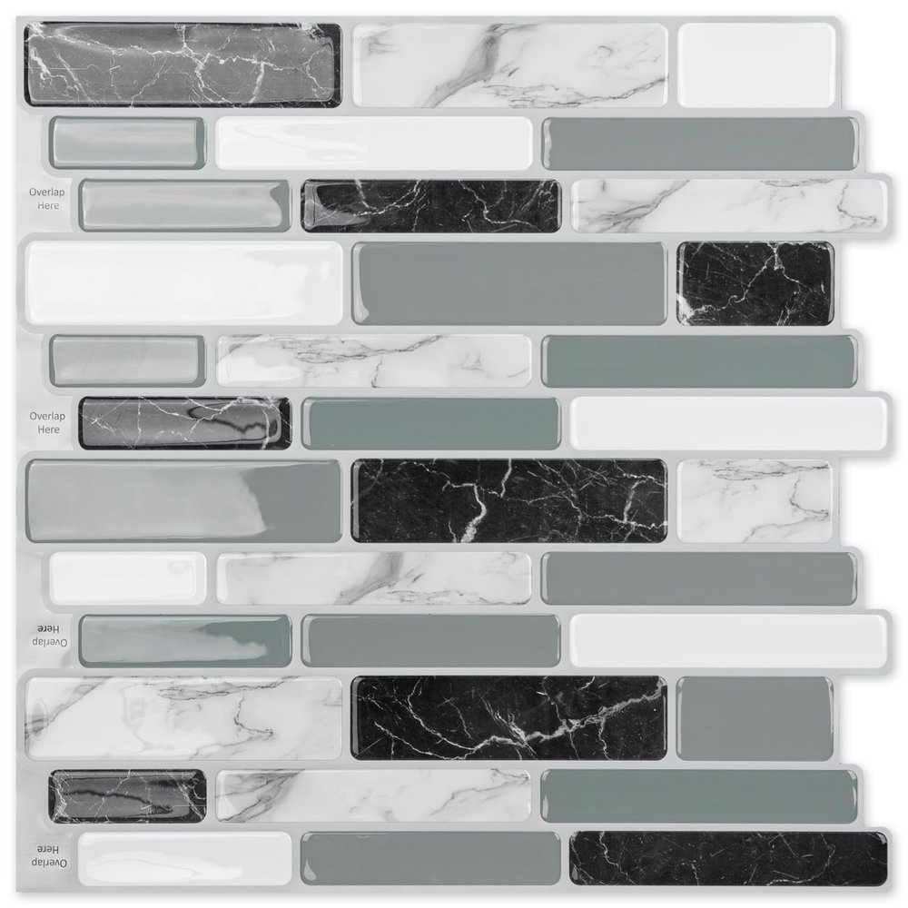 Art3d 12 x 12 Inch Vinyl Peel and Stick Backsplash, 10-Pack, Marble Grey