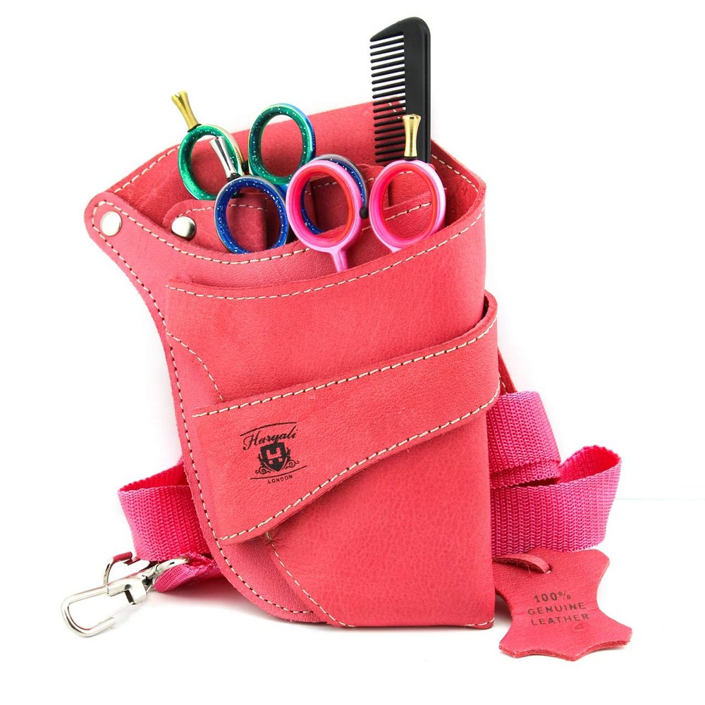 Haryali London Hairdressing Tool Belt - Pink Tool Belt Pouch - Sustainable Leather Hairdresser Bag - Multi Pocket Scissors Holder Barber Style - Adjustable Belt Pouch - Scissors Holder Pouch