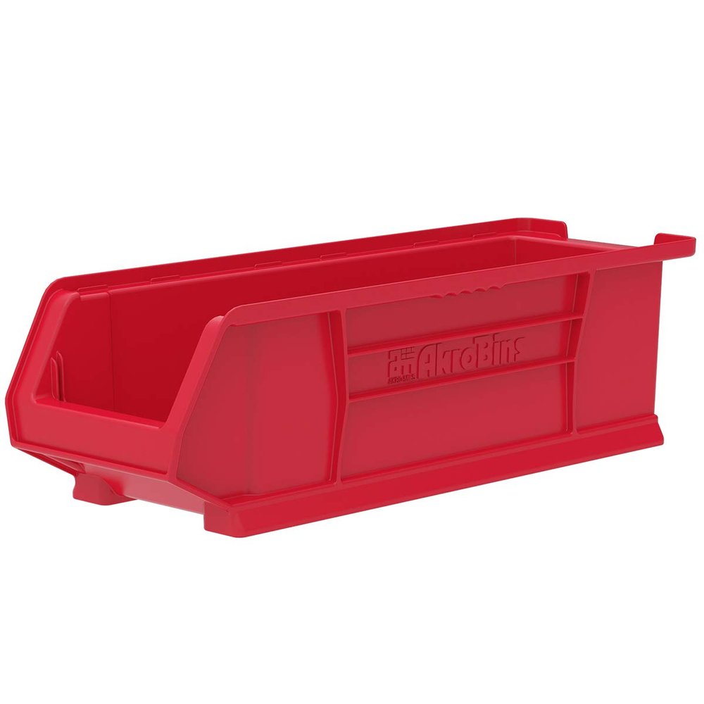 Akro-Mils 30284 Super-Size AkroBins Plastic Storage Bins, Space-Saving Stackable Bins for Garage, Classroom, Warehouse Organization, 24" L x 8" W x 7" H, Red, 4-Pack