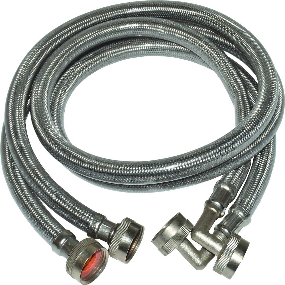 Eastman 48378 Braided Stainless Steel Washing Machine Hoses with 90 Degree Elbow, 3/4 inch FHT, 6 Ft, 2 Pack
