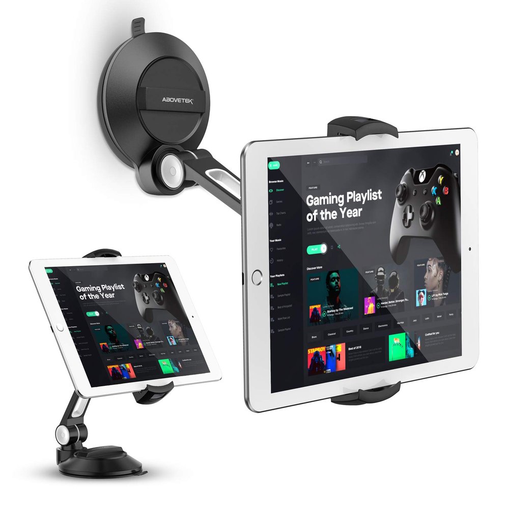 AboveTEK iPad Suction Mount, Phone Tablet Stand Holder with Suction Cup Fits 4"-11" Tablet/Phone/iPad mini/Air, Sticky iPads Mount on Window Bathroom Mirror, for Car Truck Windshield Boat (Black)