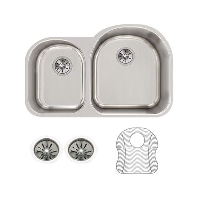 Elkay ELUH311910LDBG Lustertone Classic Offset 40/60 Double Bowl Undermount Stainless Steel Sink Kit