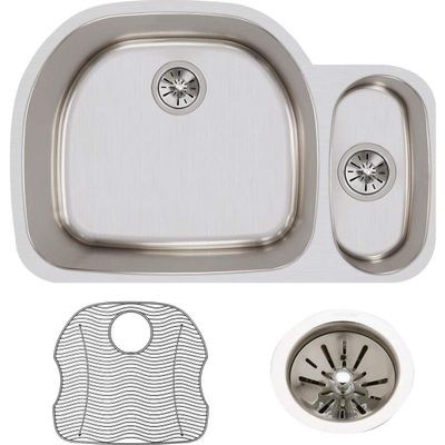 Elkay ELUH322110RDBG Lustertone Classic Offset 70/30 Double Bowl Undermount Stainless Steel Sink Kit