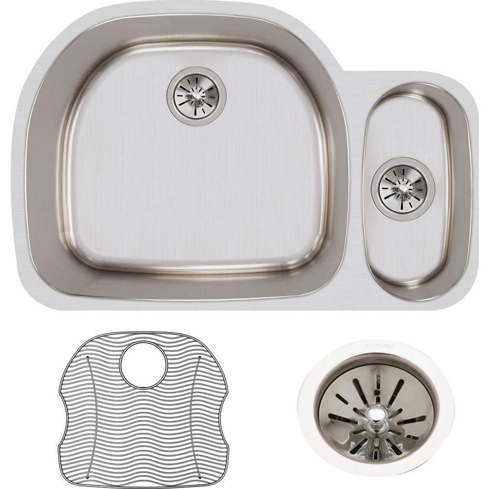 Elkay ELUH322110RDBG Lustertone Classic Offset 70/30 Double Bowl Undermount Stainless Steel Sink Kit