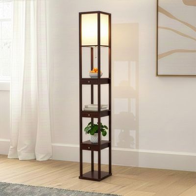Brightech Maxwell Drawer Edition - Modern Shelf Floor Lamp with Drawer - Corner Display Floor Lamps with Shelves for Living Room, Bedroom and Office - Havana Brown