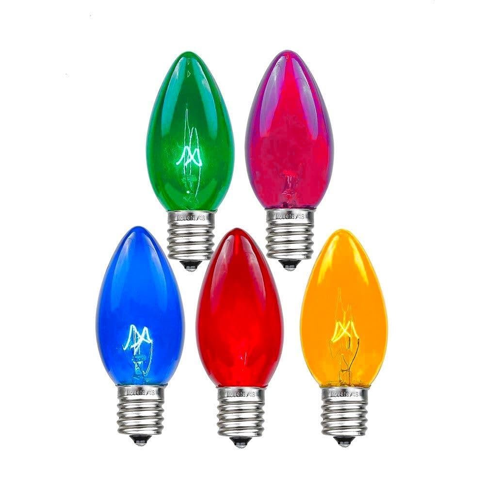 Novelty Lights 25 Pack C9 Twinkle Outdoor Christmas Replacement Bulbs, Multi, E17/C9 Intermediate Base, 7 Watt