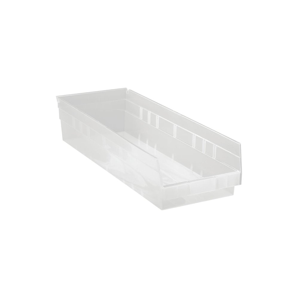 Quantum Storage QSB114 Heavy-Duty Nesting Plastic Shelf Bins for Pharmacy, Hospital & Warehouse, Hanging Lip & 7 Divider Slots, 23-5/8" x 8-3/8" x 4", Clear, 6-Pack