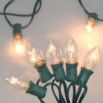 C7 Christmas Lights Outdoor, 25Ft C7 Warm White Christmas Decorations String Lights with 27 Clear Incandescent Bulbs, Vintage Christmas Lights for Roofline House Garden Patio Xmas Tree Party, Green