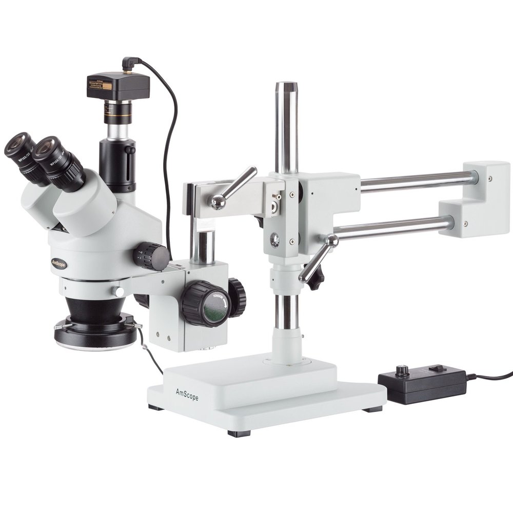 AmScope SM-4TZ-144-5MT Trinocular Stereo Microscope, WF10x Eyepieces, 3.5X-90X Magnification, 0.7X-4.5X Objective Power, 0.5X and 2.0X Barlow Lenses, 144-Bulb Ring-Style LED Light Source, Double-Arm Boom Stand, 110-240V, Includes 5MP Camera and Softw