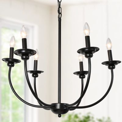 LALUZ Black Chandelier, Farmhouse Chandeliers for Dining Room, Living Room, Bedroom, Solid Matte Black, 26 Dia