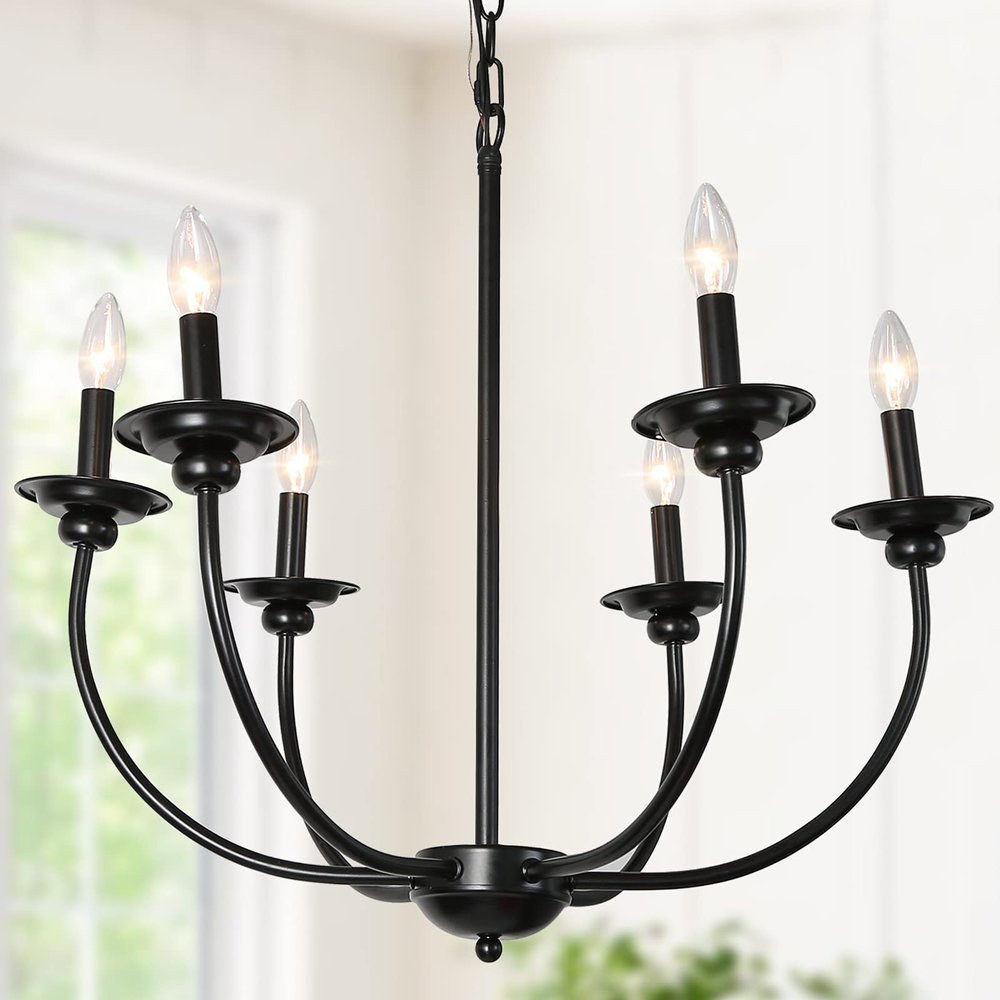 LALUZ Black Chandelier, Farmhouse Chandeliers for Dining Room, Living Room, Bedroom, Solid Matte Black, 26 Dia