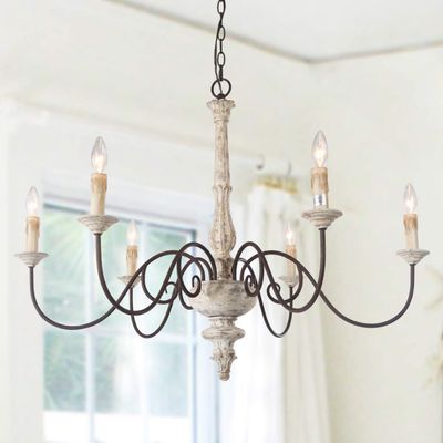 LALUZ Farmhouse Chandelier, French Country Chandelier for Dining Room, White Distressed Wood, 37 L x 28 H