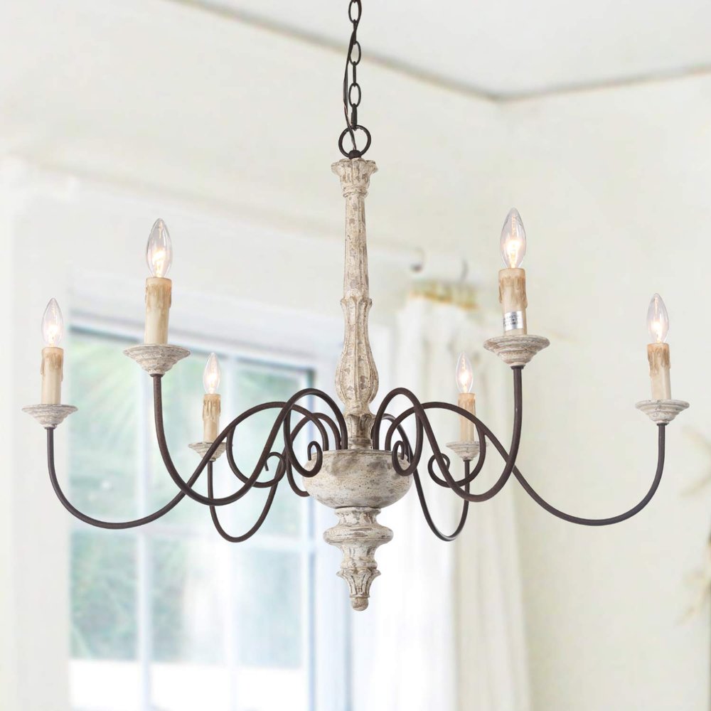 LALUZ Farmhouse Chandelier, French Country Chandelier for Dining Room, White Distressed Wood, 37 L x 28 H