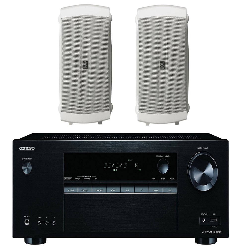 Onkyo 5.2 Channel Full 4K Bluetooth AV Home Theater Receiver + Yamaha High-Performance Natural Surround Sound 2-Way Indoor/Outdoor Weatherproof Speaker System (Pair)