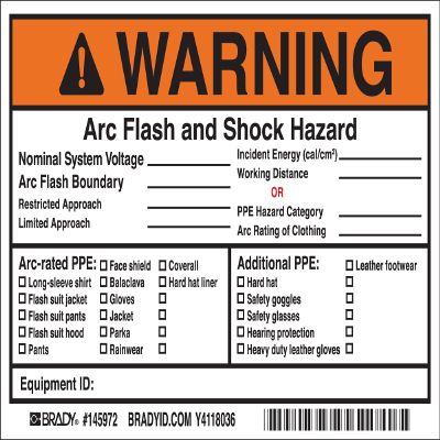 Brady Arc Flash Labels, Adhesive, Vinyl, 4" x 6" x 0.004", Black/Orange/Red On White (Pack of 5)