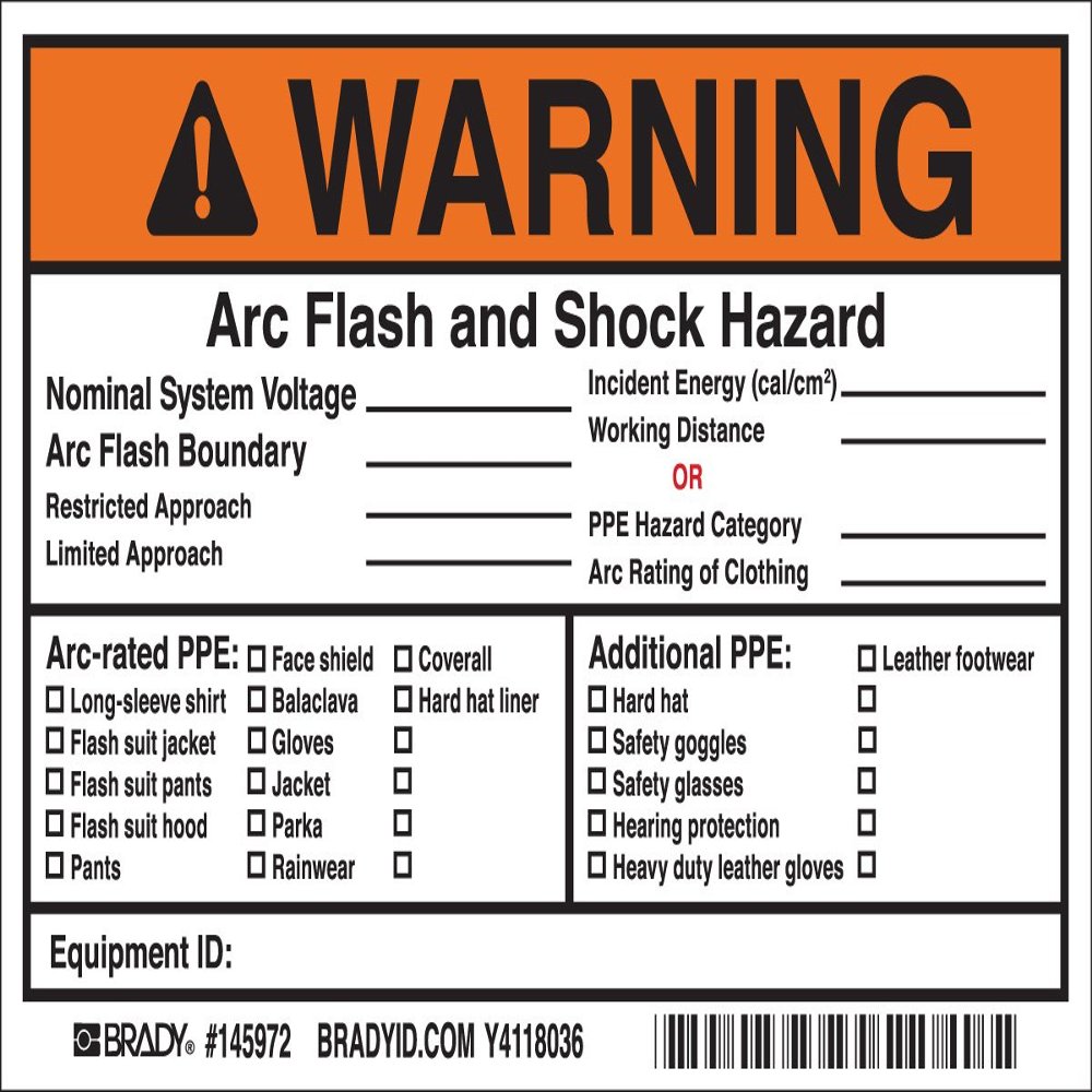 Brady Arc Flash Labels, Adhesive, Vinyl, 4" x 6" x 0.004", Black/Orange/Red On White (Pack of 5)
