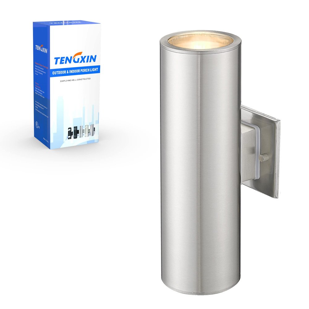 TENGXIN Outdoor Wall Sconce,Up Down Wall Light Fixture with Stainless Steel Cylinder,Outdoor Lights for House,Patio,Yard,Front Door,Brushed Nickel
