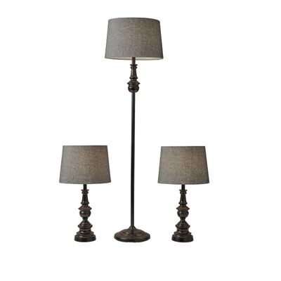 Adesso 3-Piece Lamp Set, Bronze & Dark Herringbone, Table and Floor