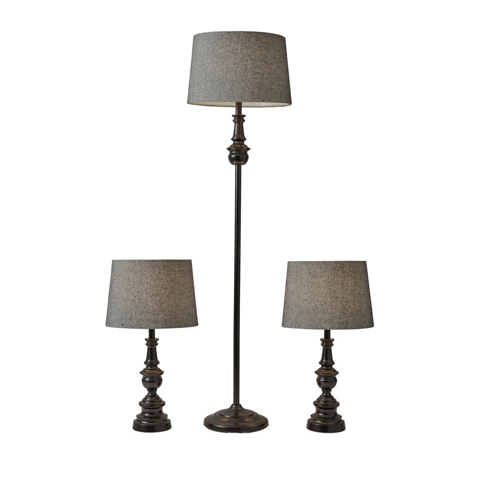 Adesso 3-Piece Lamp Set, Bronze & Dark Herringbone, Table and Floor