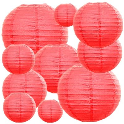 Kinteshun Folding Round Paper Lantern Reusable Chinese/Japanese Style Hanging Ornament Lamp Cover for Garden Birthday Party Decoration Supplies(Red,10pcs Assorted Sizes)