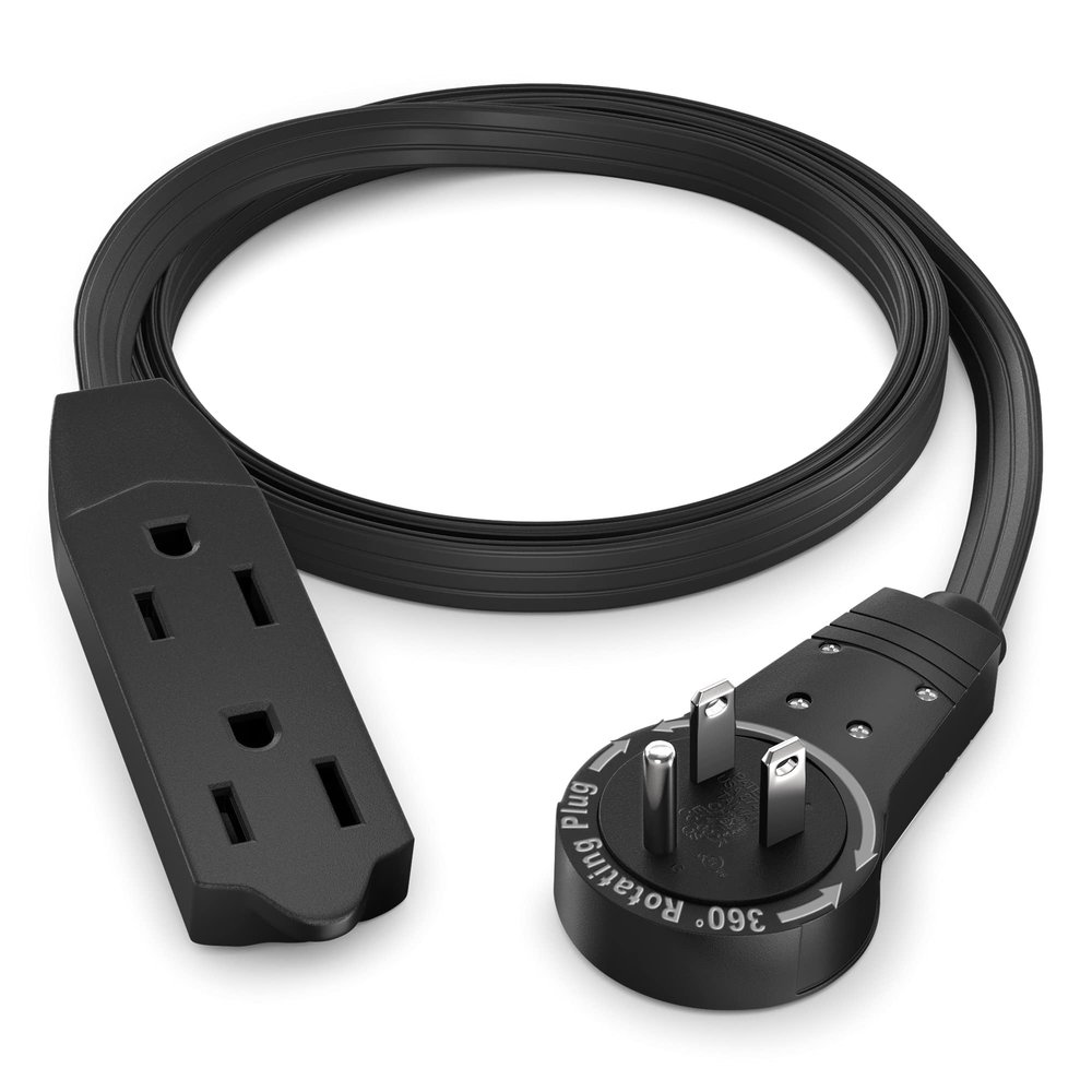 Maximm Cable 2 Ft 360 Rotating Flat Plug Extension Cord, 16/3 AWG Multi 3 Outlet 3-Prong Grounded Wire- Black - UL Certified