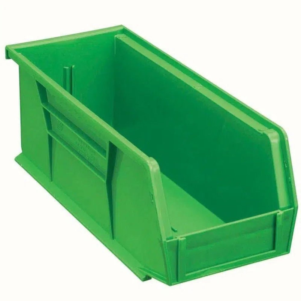 Quantum Storage QUS234 Heavy-Duty Stackable Plastic Storage Bins for Workshop, Warehouse & Garage, Ultra Stack & Hang, 14-3/4" x 5-1/2" x 5", Green, 12-Pack