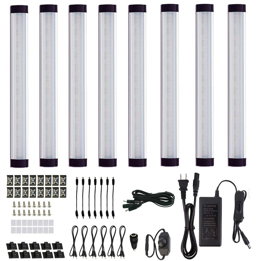 AIBOO LED Under Cabinet Lighting Kit, Plug in Strip Lights with Dimmer Switch for Kitchen Cabinet Counter, Closet, Bedroom Lighting24w-8 Bars kit-2700K)