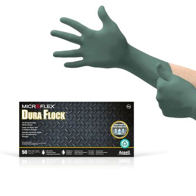 Ansell MICROFLEX Dura Flock DFK-608 Thick 11mil Nitrile Gloves for Automotive, Aftermarket, Machinery - Medium, Green (Box of 50)