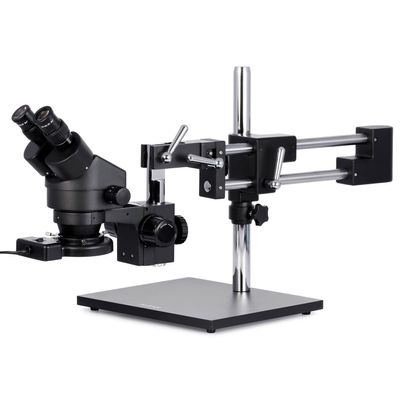AmScope SM-4BZ-FRL-B Professional Binocular Stereo Zoom Microscope, WH10x Eyepieces, 3.5X-90X Magnification, 0.7X-4.5X Zoom Objective, 8W Fluorescent Ring Light, Black Double-Arm Boom Stand, 110V-120V, Includes 0.5x and 2.0x Barlow Lenses