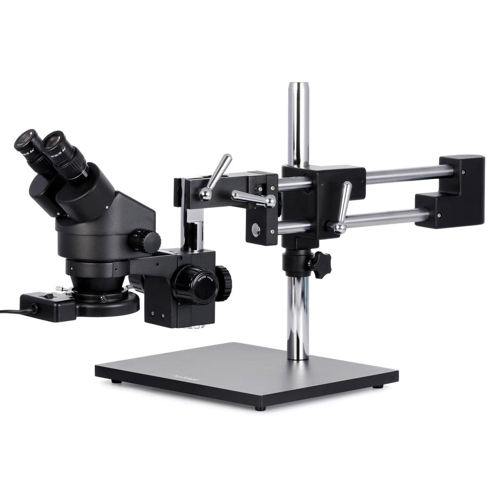 AmScope SM-4BZ-FRL-B Professional Binocular Stereo Zoom Microscope, WH10x Eyepieces, 3.5X-90X Magnification, 0.7X-4.5X Zoom Objective, 8W Fluorescent Ring Light, Black Double-Arm Boom Stand, 110V-120V, Includes 0.5x and 2.0x Barlow Lenses