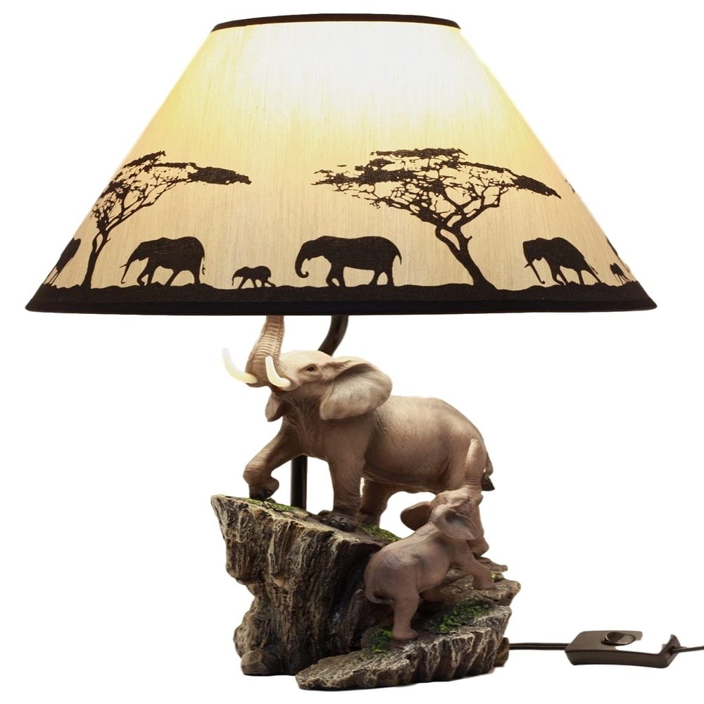 Ebros Gift African Safari Elephant Family Migration Desktop Table Lamp Statue Decor with Shade 19" H Animal Wildlife Elephants Pachyderms Themed Accent Lighting